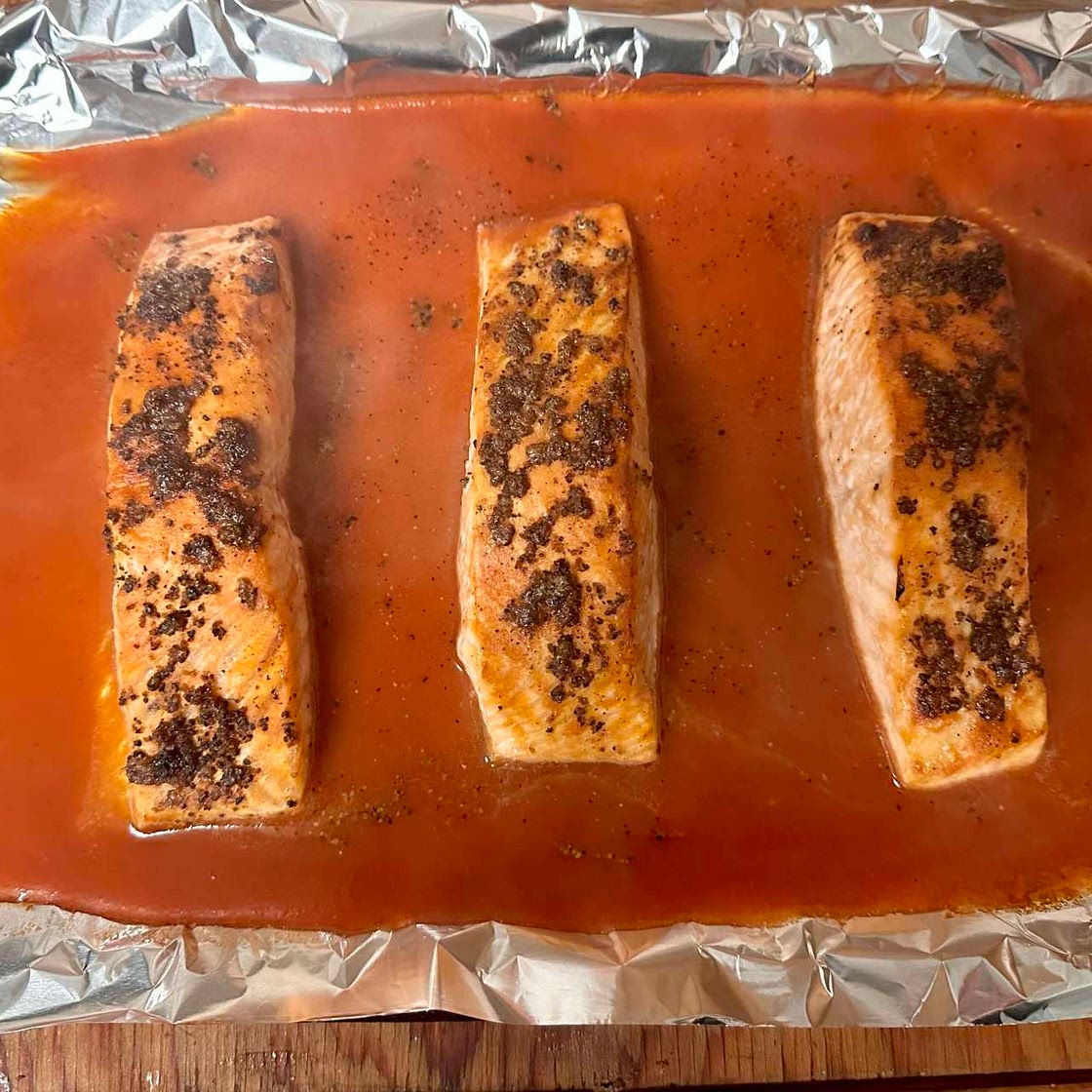 Broiled Salmon, in Spicy Bloody Mary Sauce