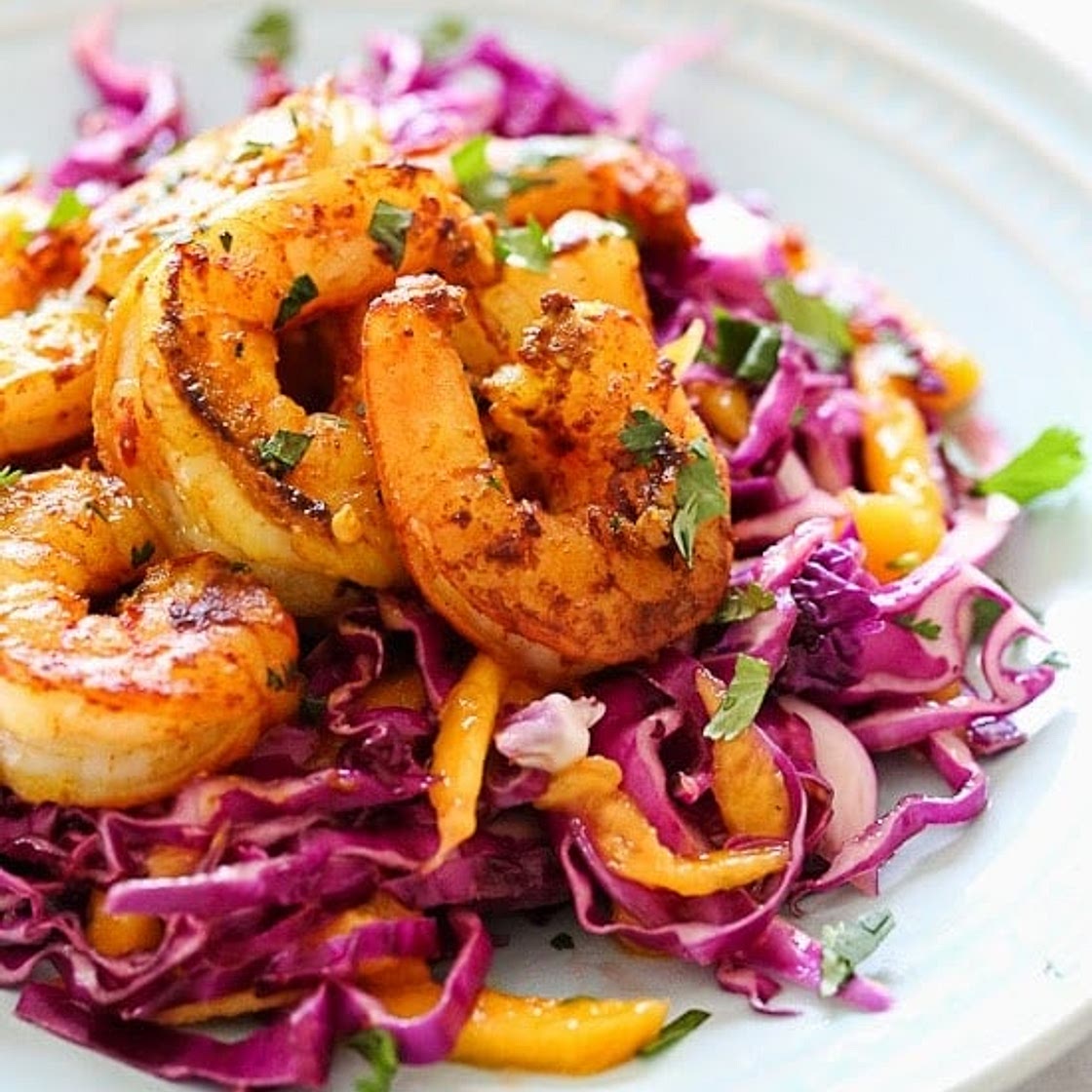 Turmeric-Garlic Shrimp with Cabbage-Mango Slaw