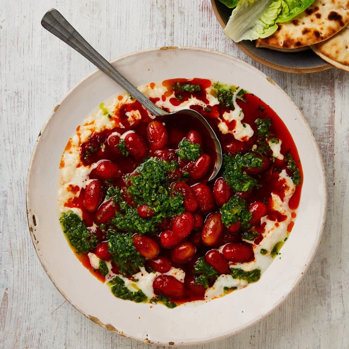 Harissa Marinated Tomatoes with broken Butter Beans and Herb relish