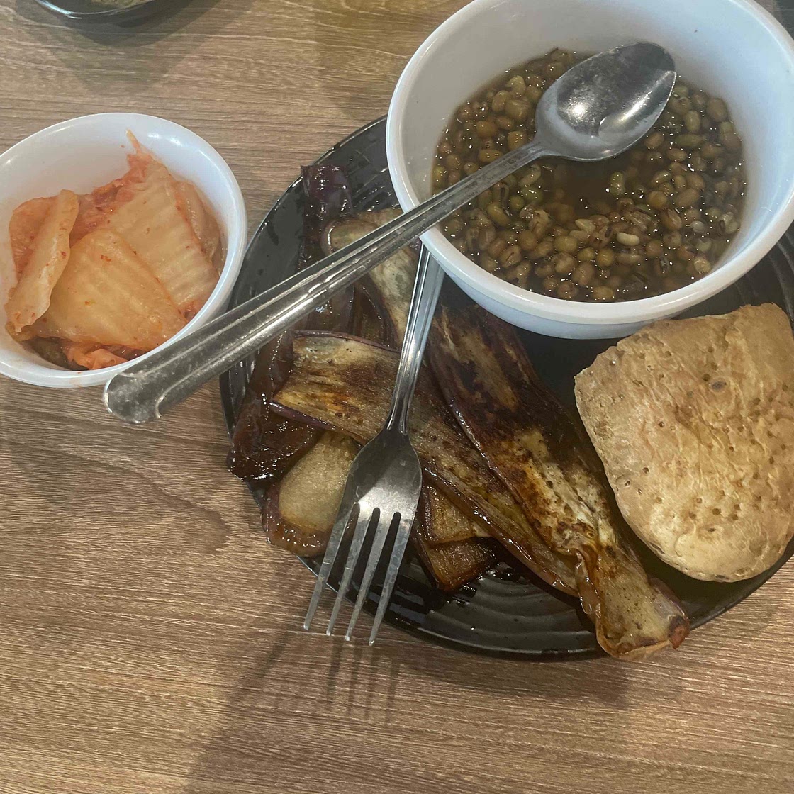 Buttered Eggplant with mung beans and potato 