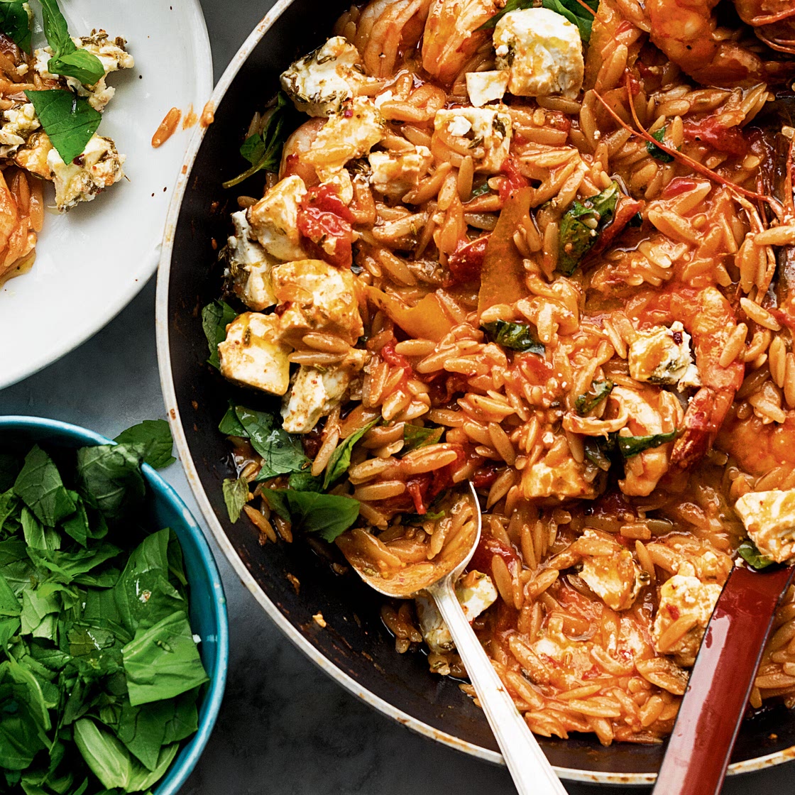 Ottolenghi’s Orzo with Prawns, Tomato and Marinated Feta