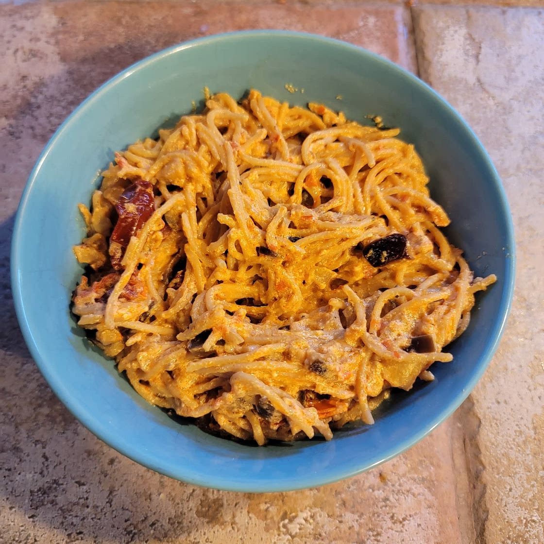Eggplant and sun dried tomato pasta with ricotta