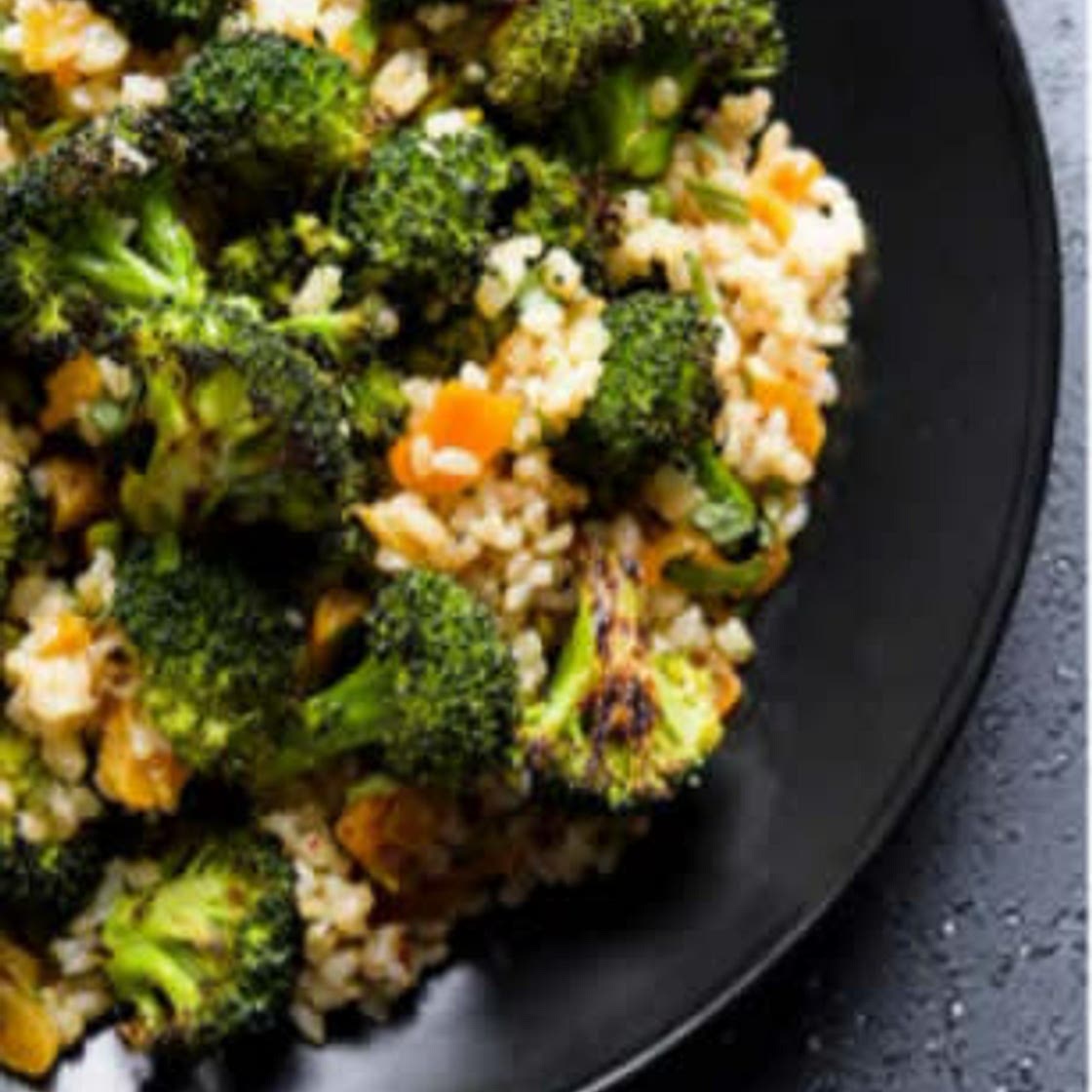 Roasted Broccoli w/ Brown Rice, Tarragon & Cider Vinegar 