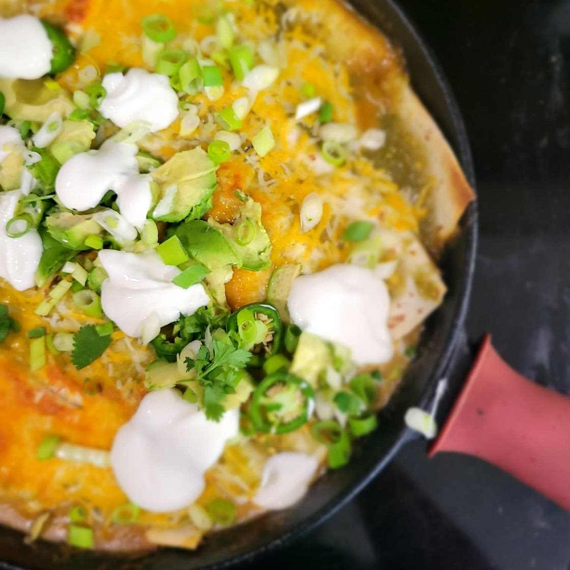 Easy Skillet Cheesy Green Chile Enchilada Bake