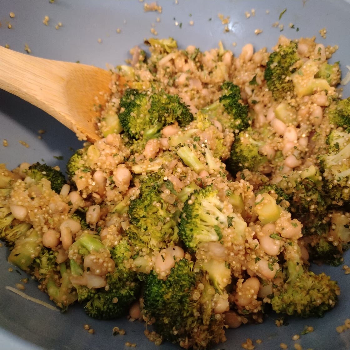 One Pan Broccoli Quinoa Skillet with Parmesan and White Beans