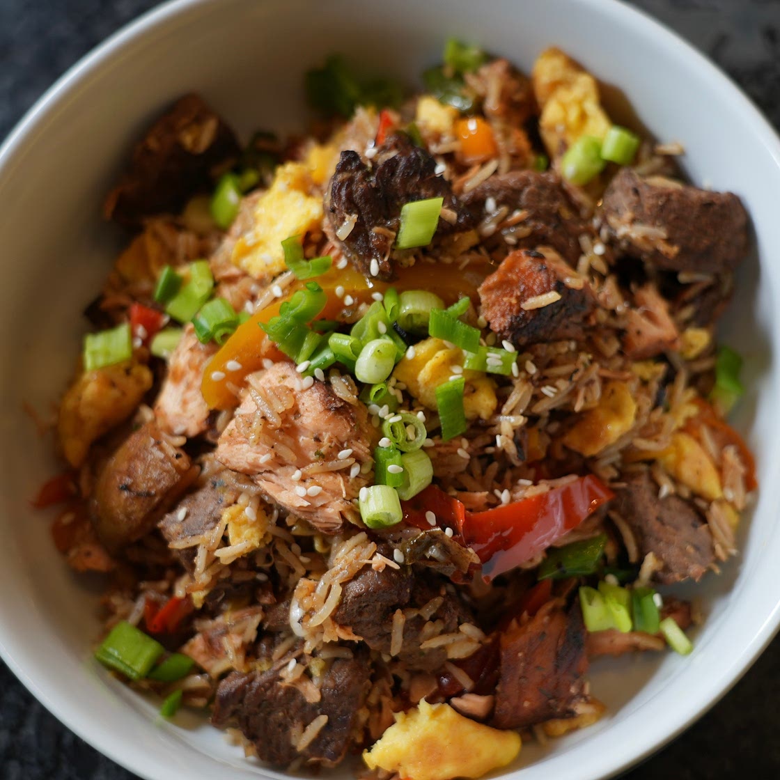 Salmon & Steak Fried Rice ( Using leftovers)