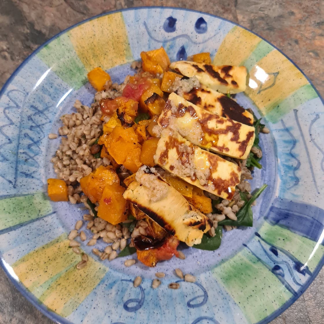 Roast Squash & Halloumi with Bulgur Wheat & Chilli Ginger Dressing