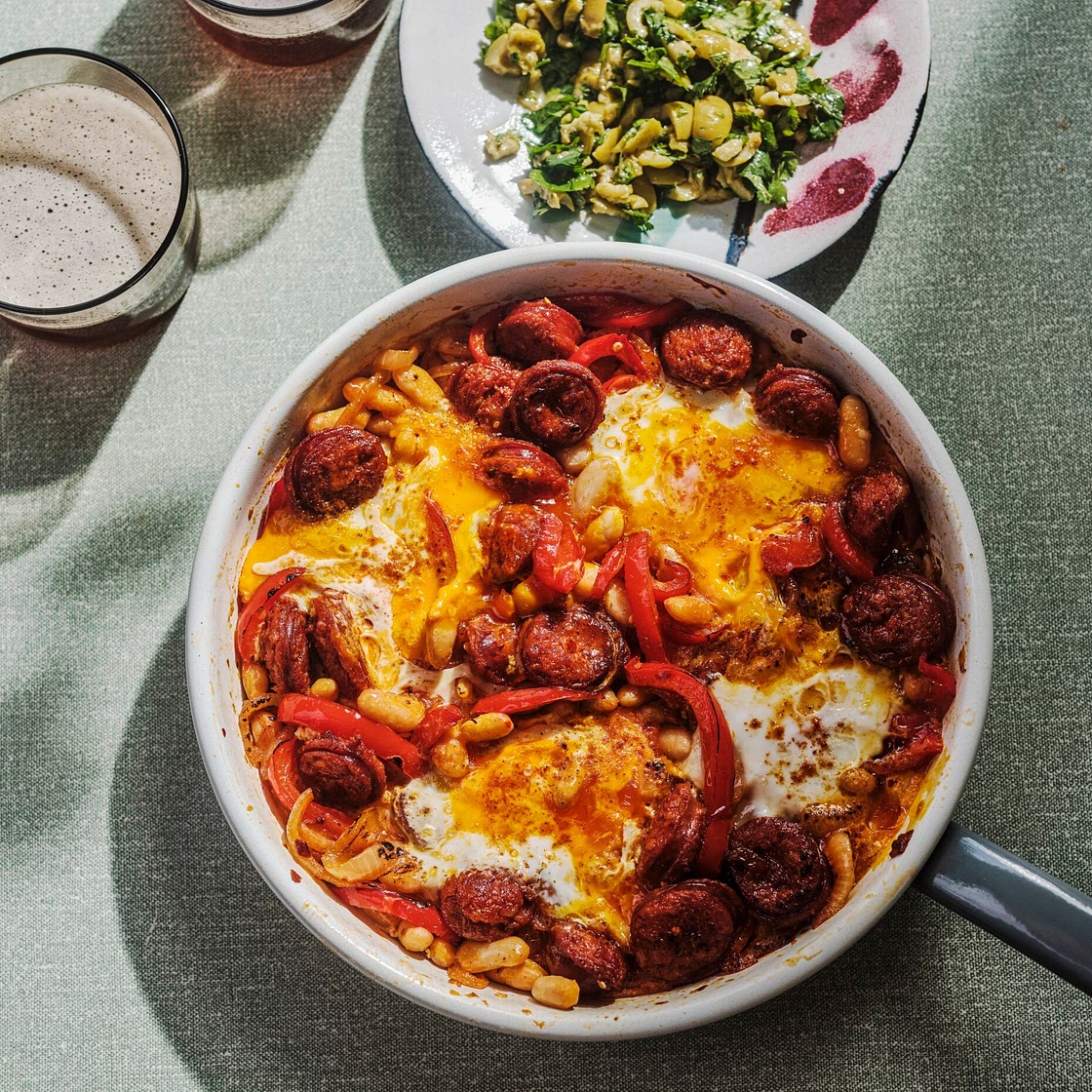 Diana Henry: Huevos rotos with chorizo, peppers, white beans and