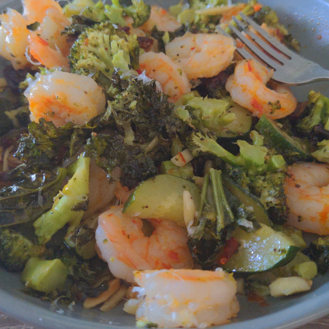 Roasted vegetables and shrimp salad