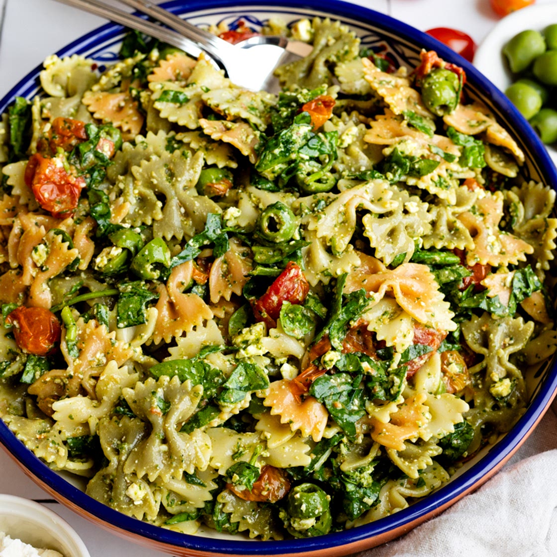 Cold Bowtie Pasta Salad with Feta Cheese and Spinach