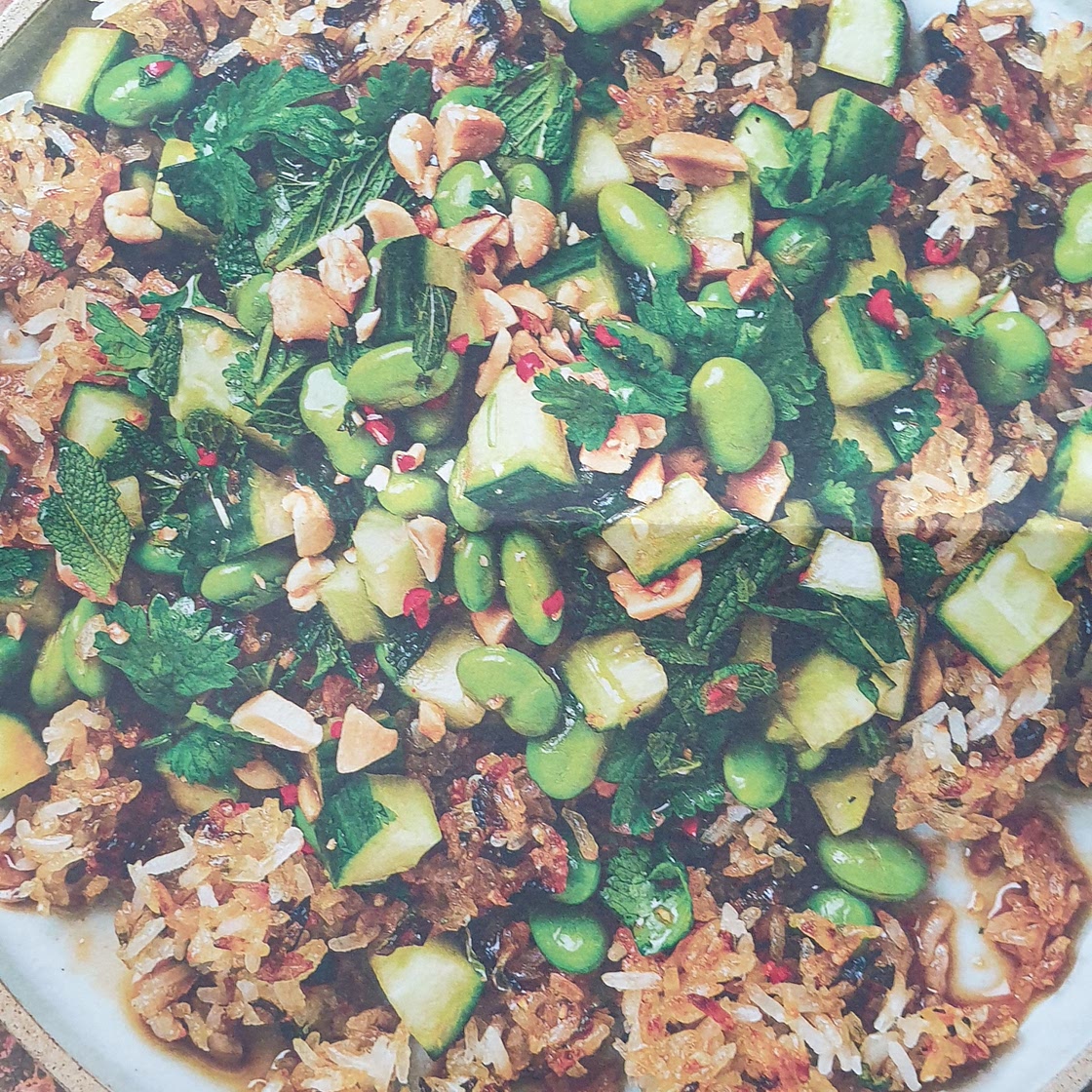 Crispy fried rice with cucumber and herb salad