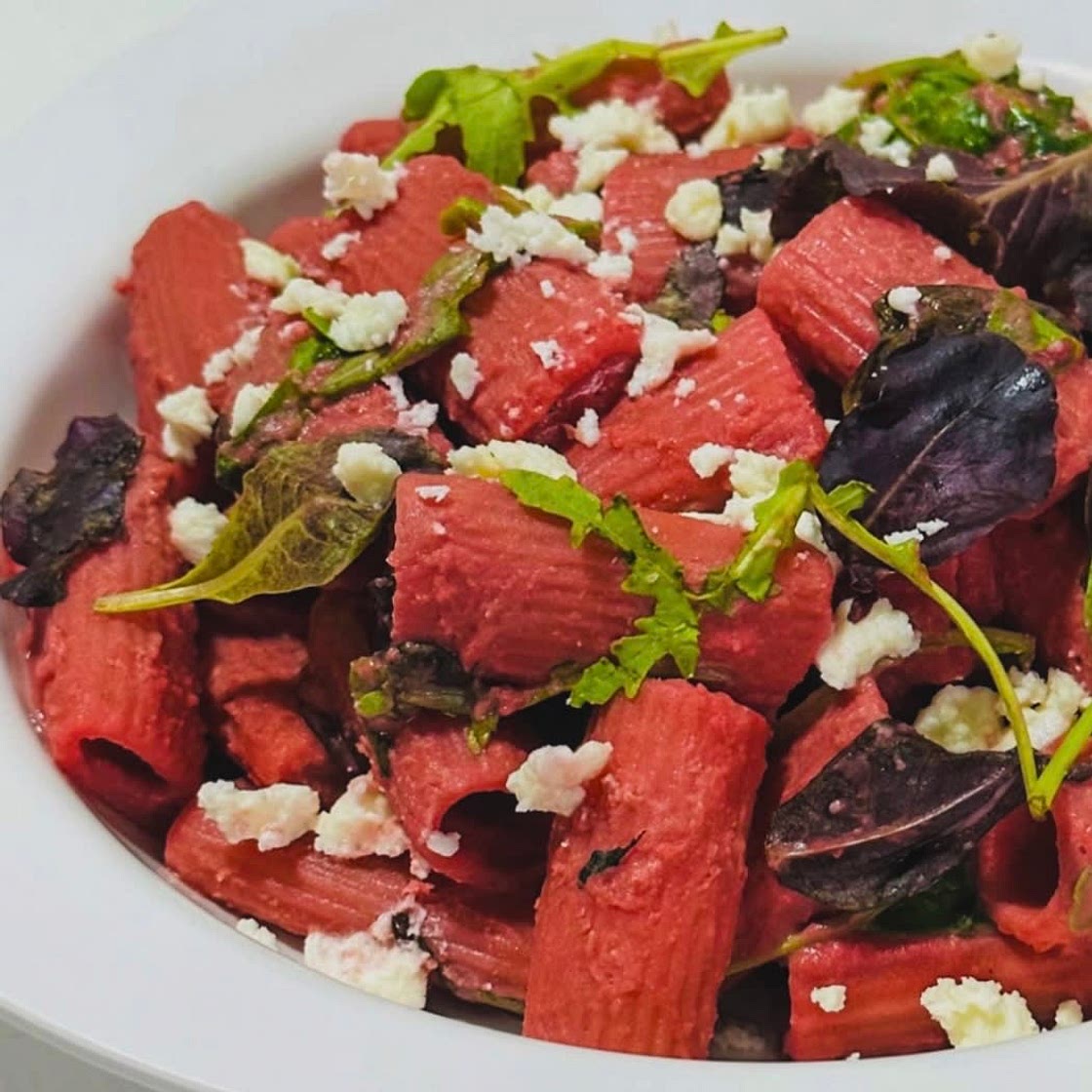 Beetroot Hummus Rigatoni with Feta