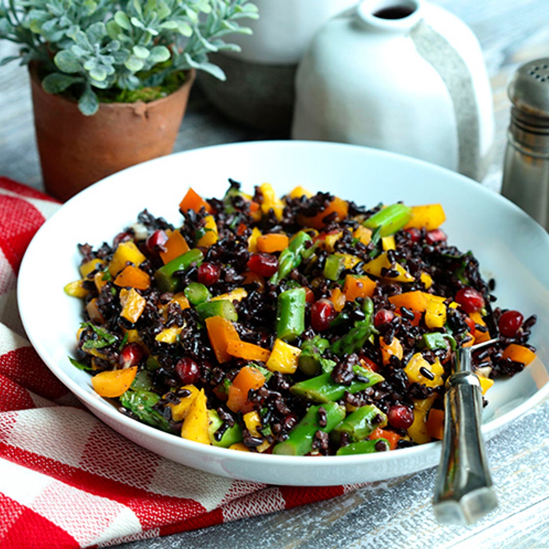 Forbidden Rice Salad With Mango, Asparagus, Peppers, & Pomegranate Arils