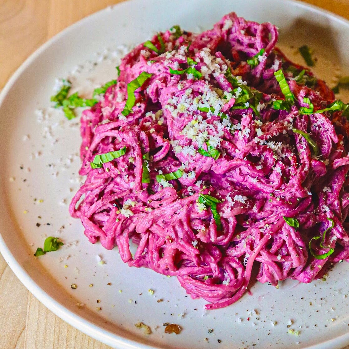 Hot Pink Beet & Mint Pasta (vegan & delicious!)