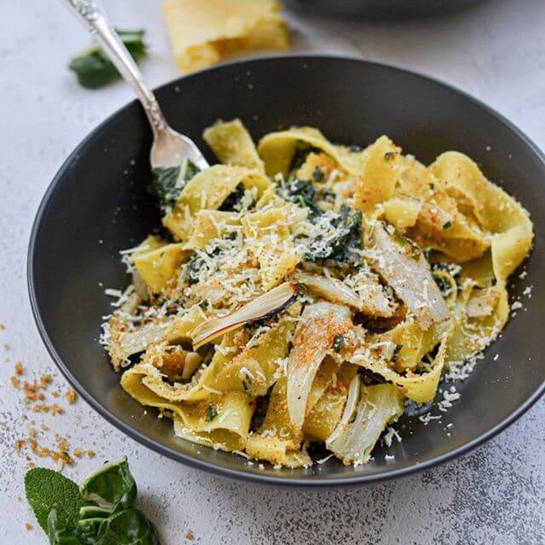 Silverbeet pappardelle with roasted stalks and a lemon & herb cr