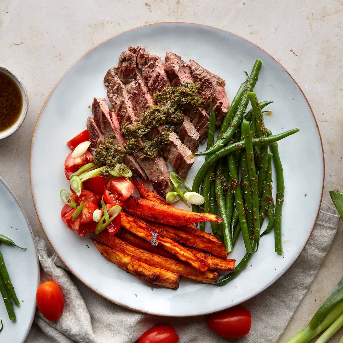Bavette Steak, Sweet Potato Fries & Chimichurri