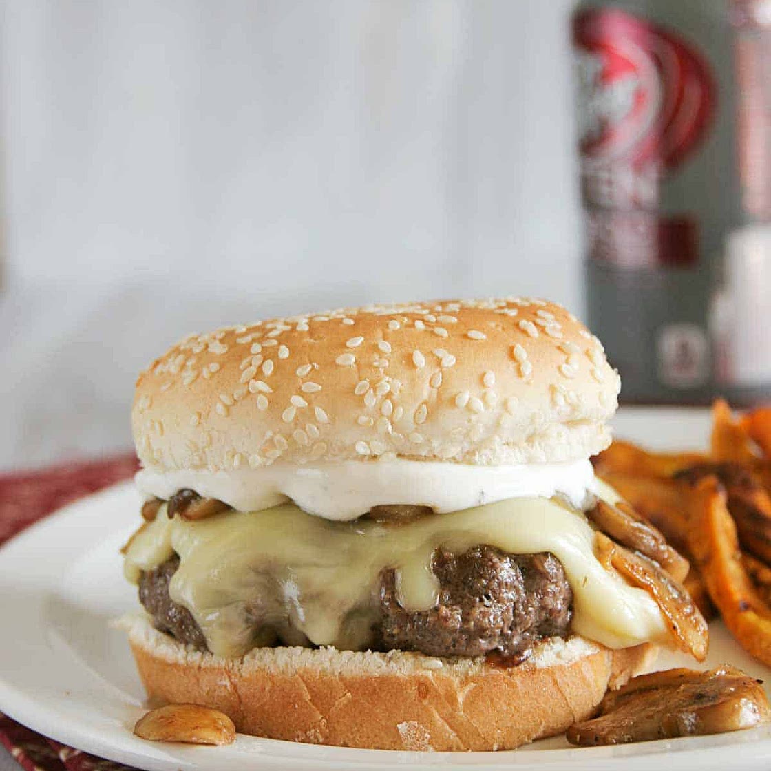 Worcestershire Burgers with Gouda, Mushrooms and Ranch Dressing