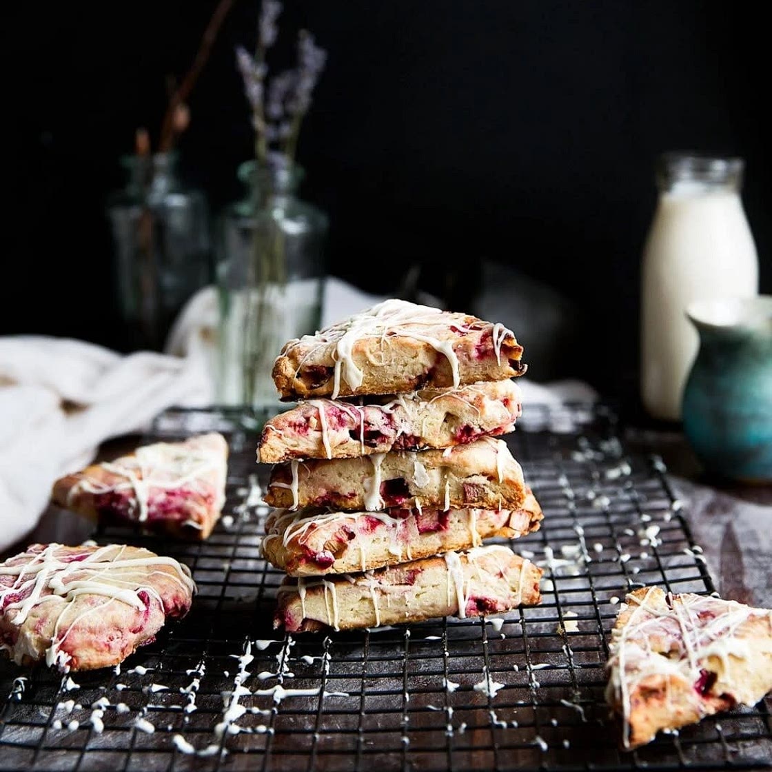 White chocolate raspberry and rhubarb scones