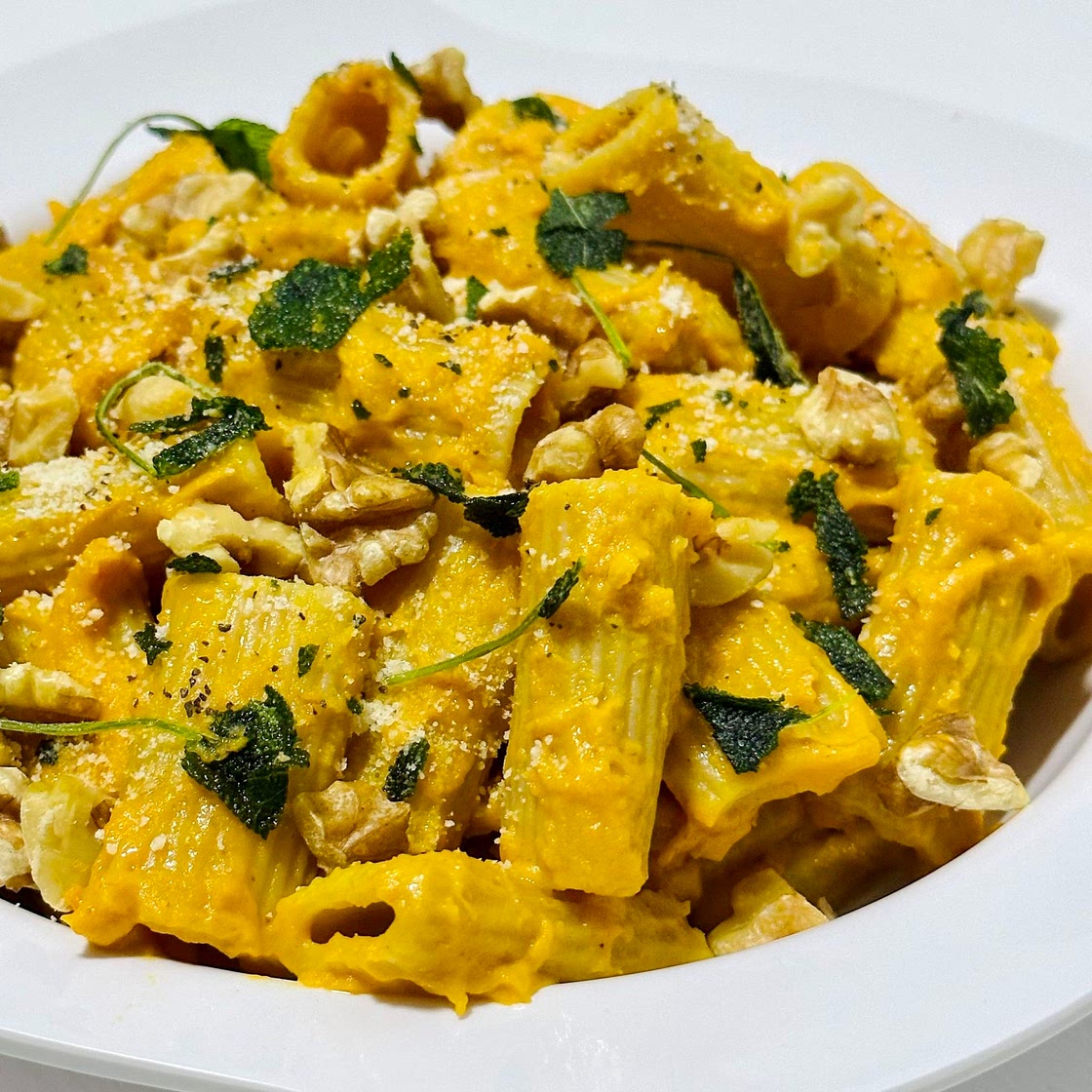 Pumpkin Rigatoni with Walnuts and Crispy Sage