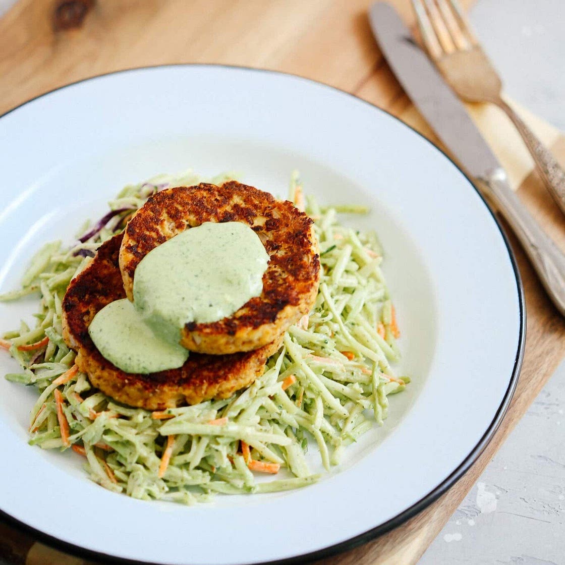 Low-Carb Salmon Burgers with Avocado Coleslaw