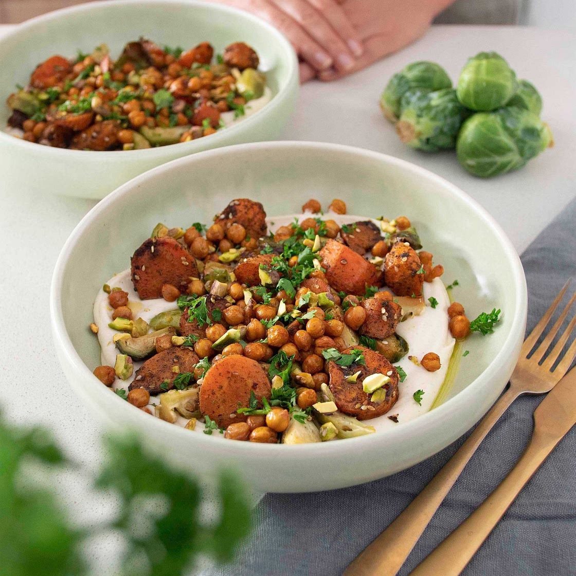 Sweet & Spicy Roasted Veggies on a White Bean Spread