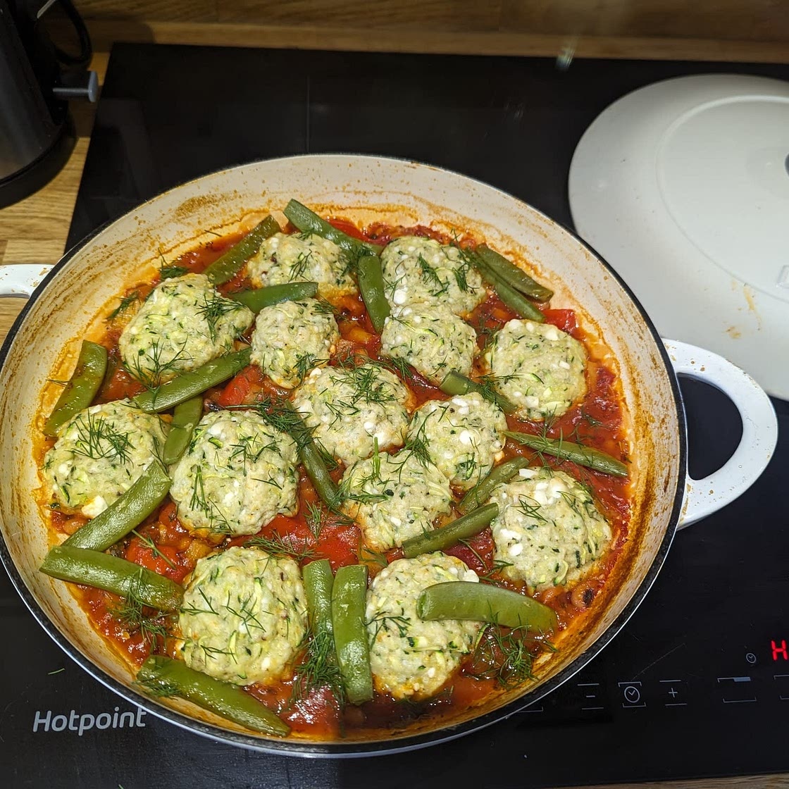 Greek-style casserole with courgette dumplings