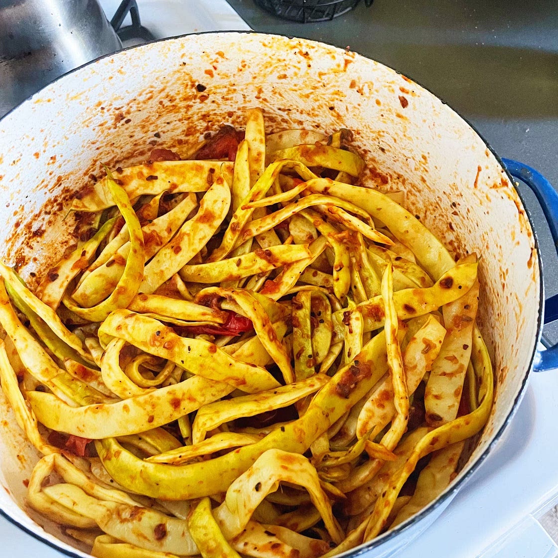 Tomato Braised Romano Beans with Anchovy(ish)