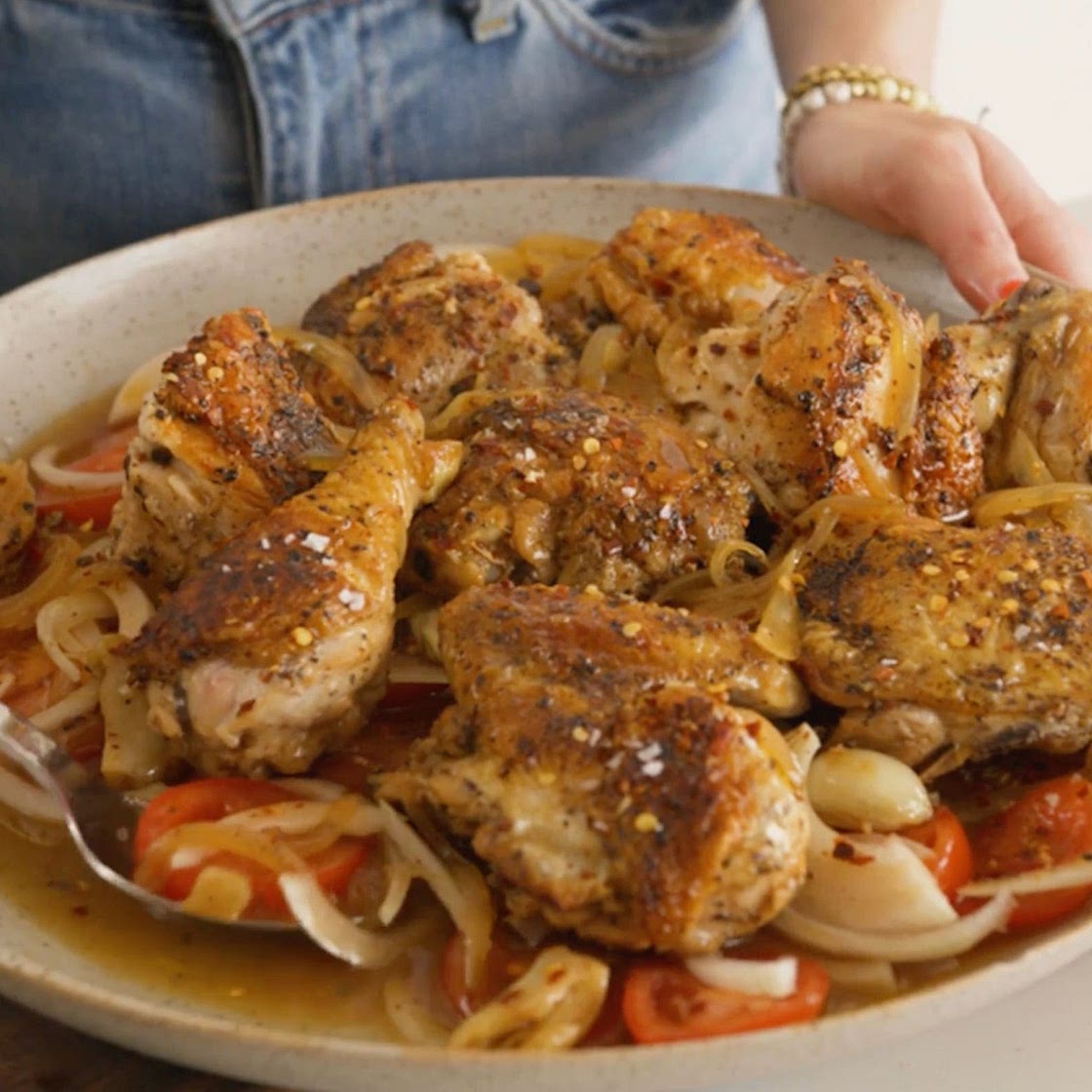Spicy Vinegar Chicken over Tomatoes