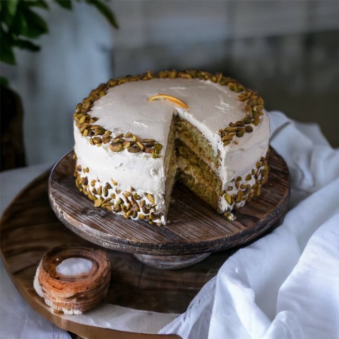 Citrus Bliss Pistachio Cake with Apricot Jam and Honeyed Cream Cheese Frosting