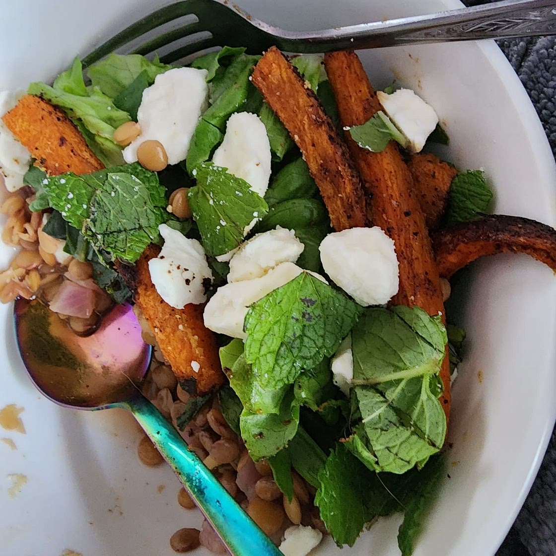 Puy lentil, spiced roast carrot & feta salad