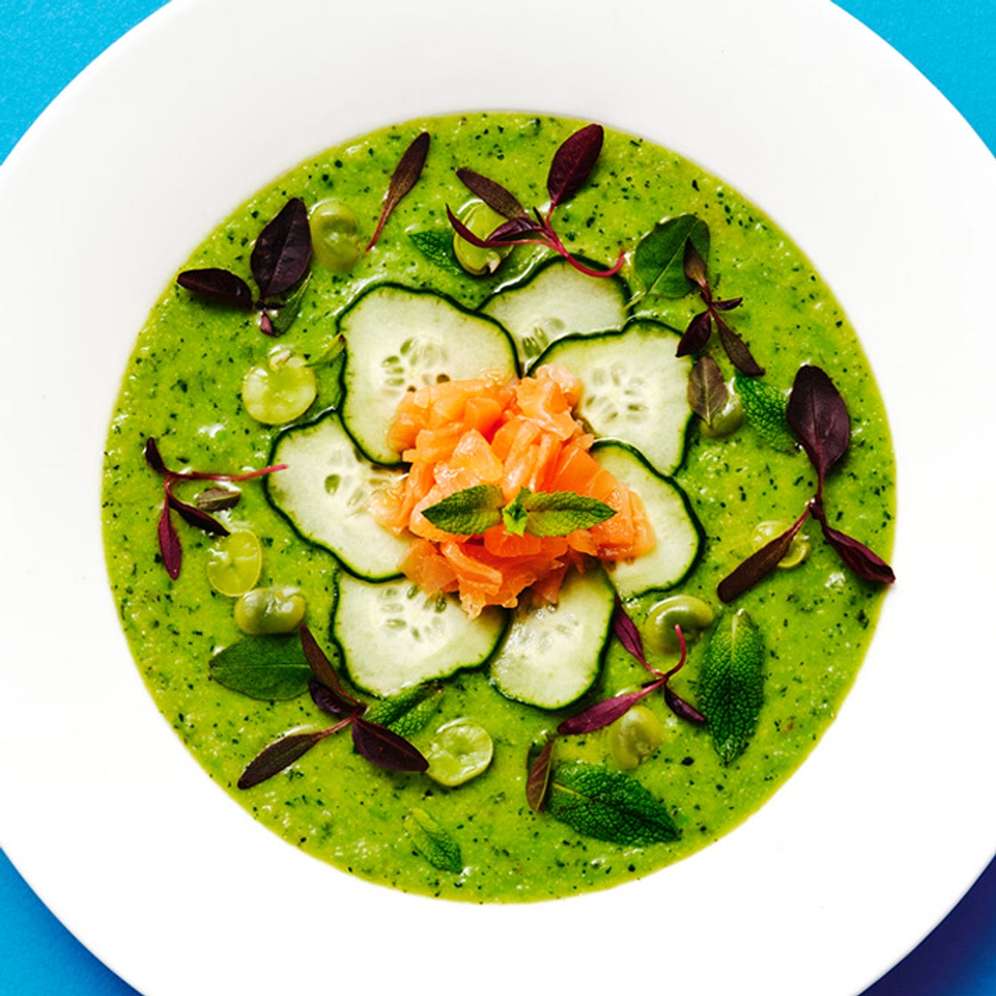 Broad Beans, Garden Peas and Mint Soup with Smoked Salmon | Umami Inspiration