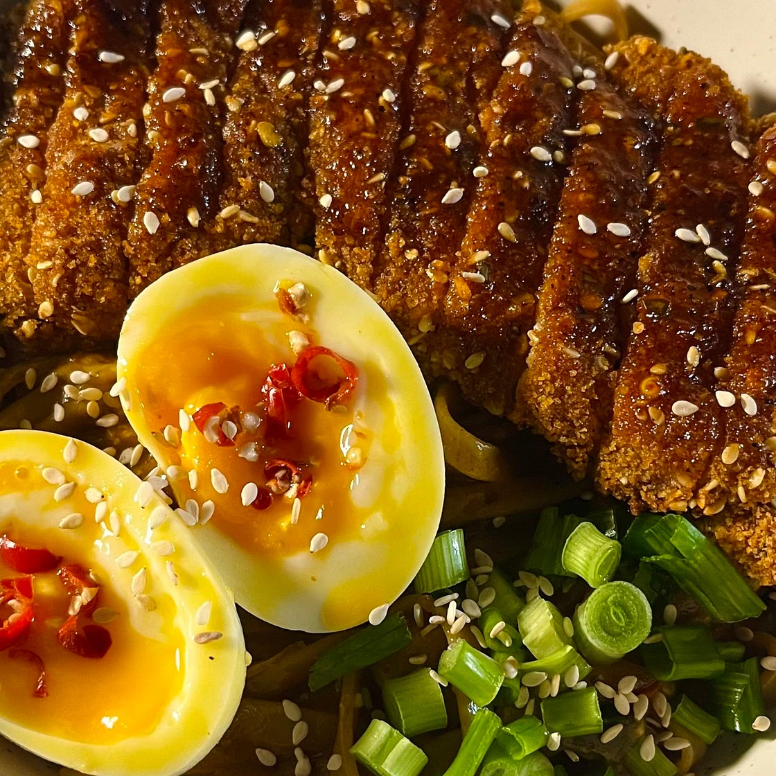 Cheesy Chicken Katsu Udon Bowl with Crispy Glazed Hot Chicken