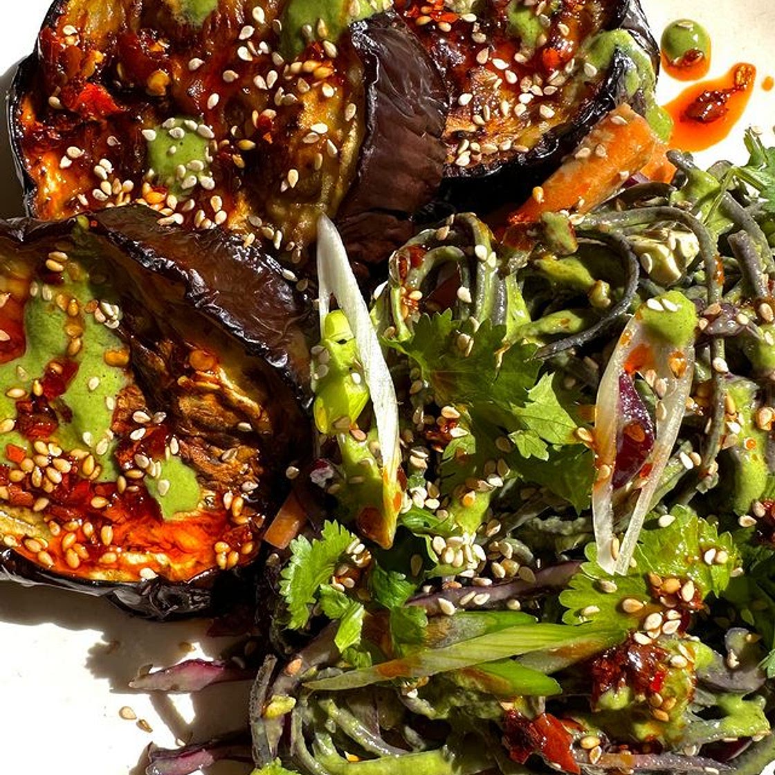 Aubergine and noodles