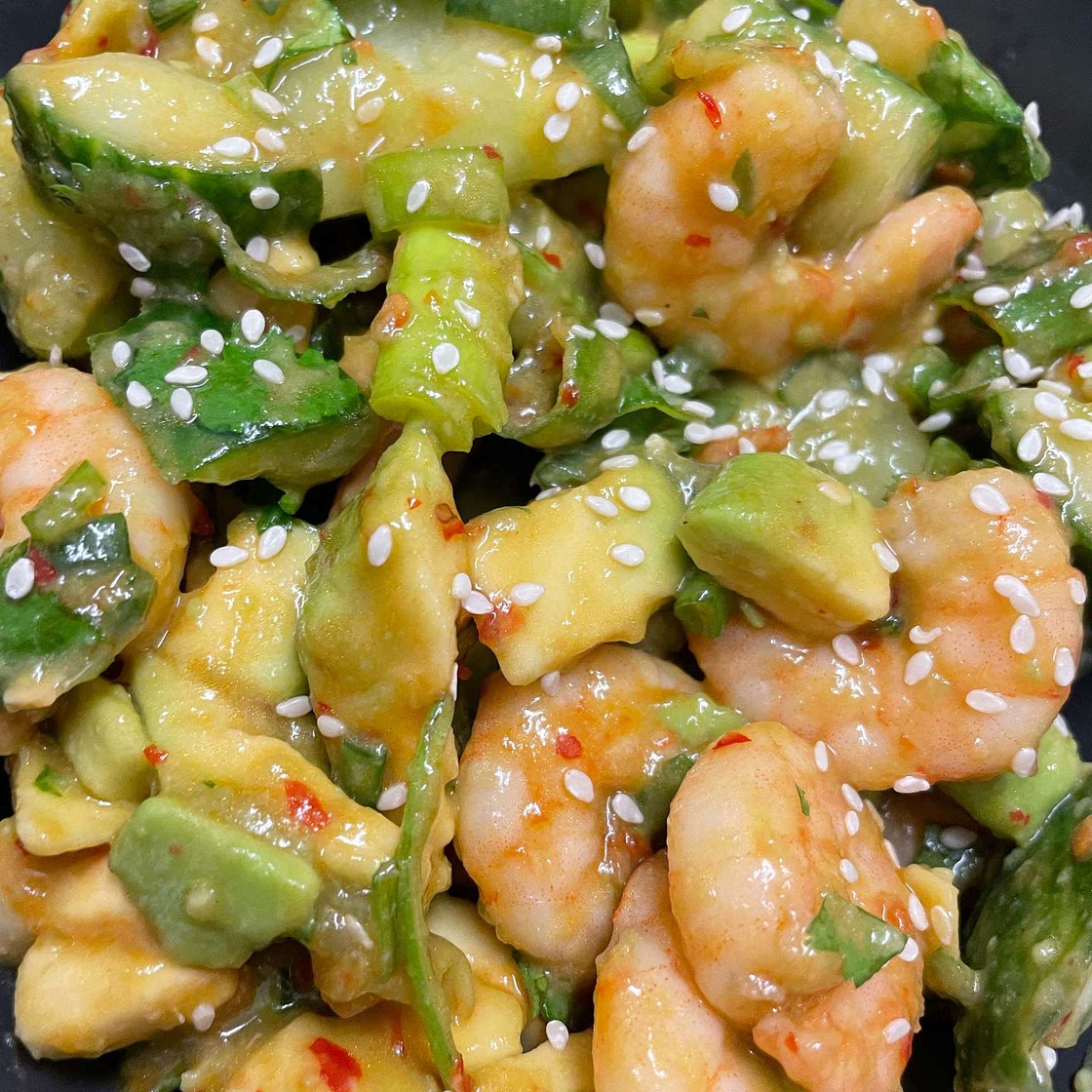 Smashed Cucumber, Avocado and Shrimp Salad