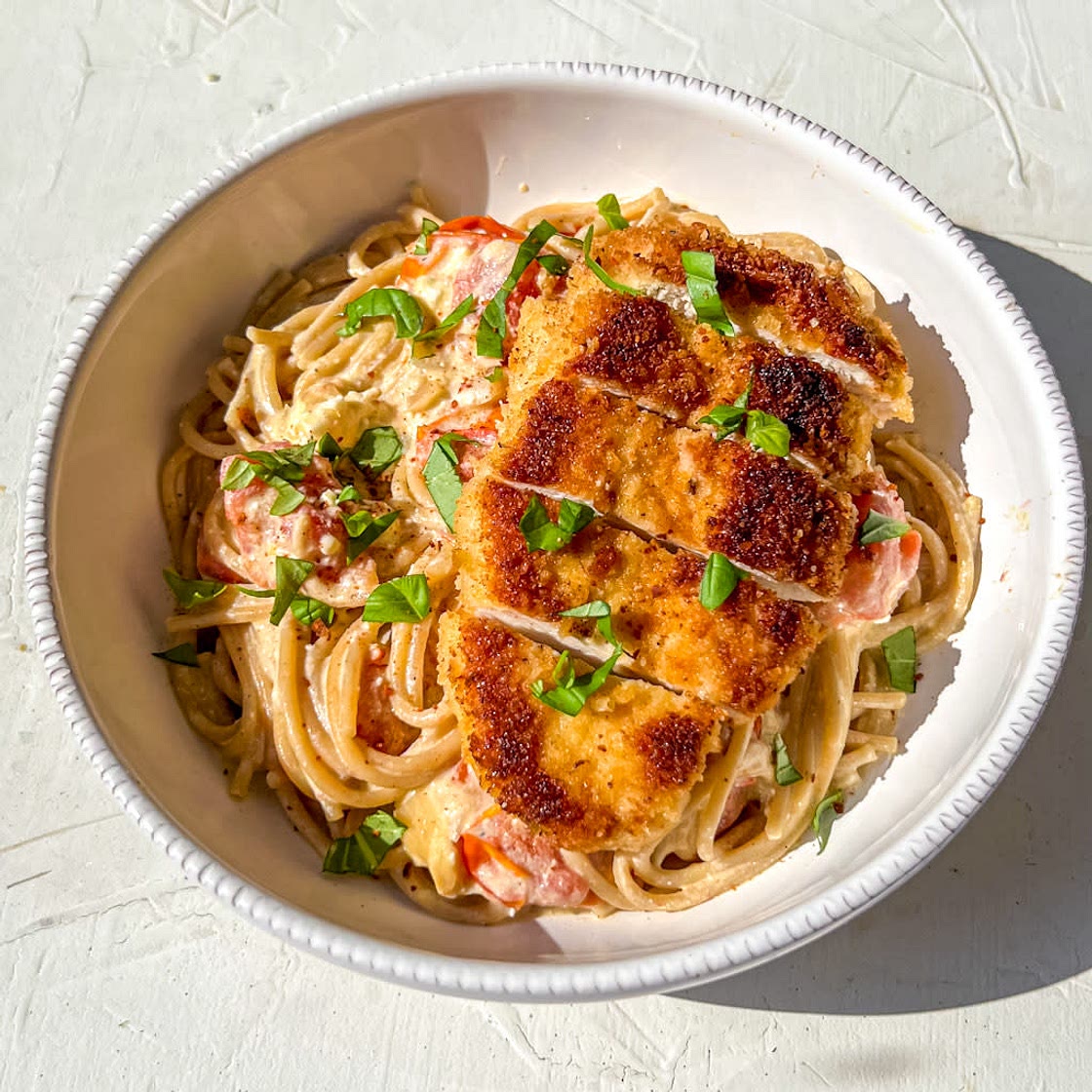 Feta Tomato Pasta with Crispy Chicken