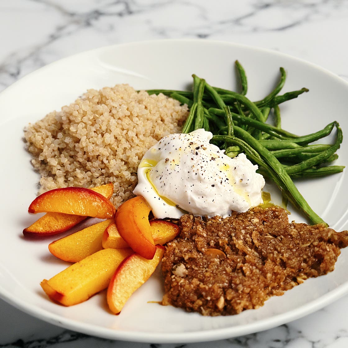 Roasted Summer Peach Quinoa Bowl with Burrata