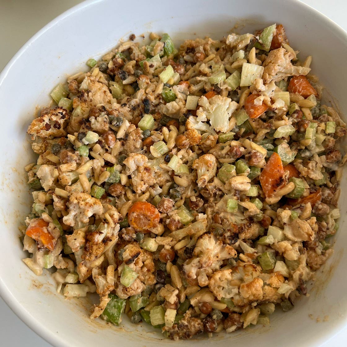Roasted cauliflower crunch salad with Lemon Tahini Dressing (vegan)