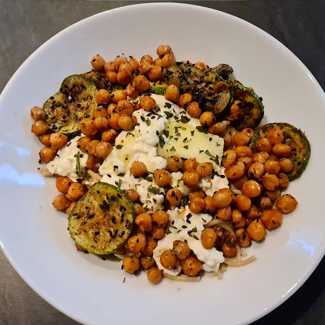 Crispy Lemon Feta with Spiced Chickpeas and Basil Orzo