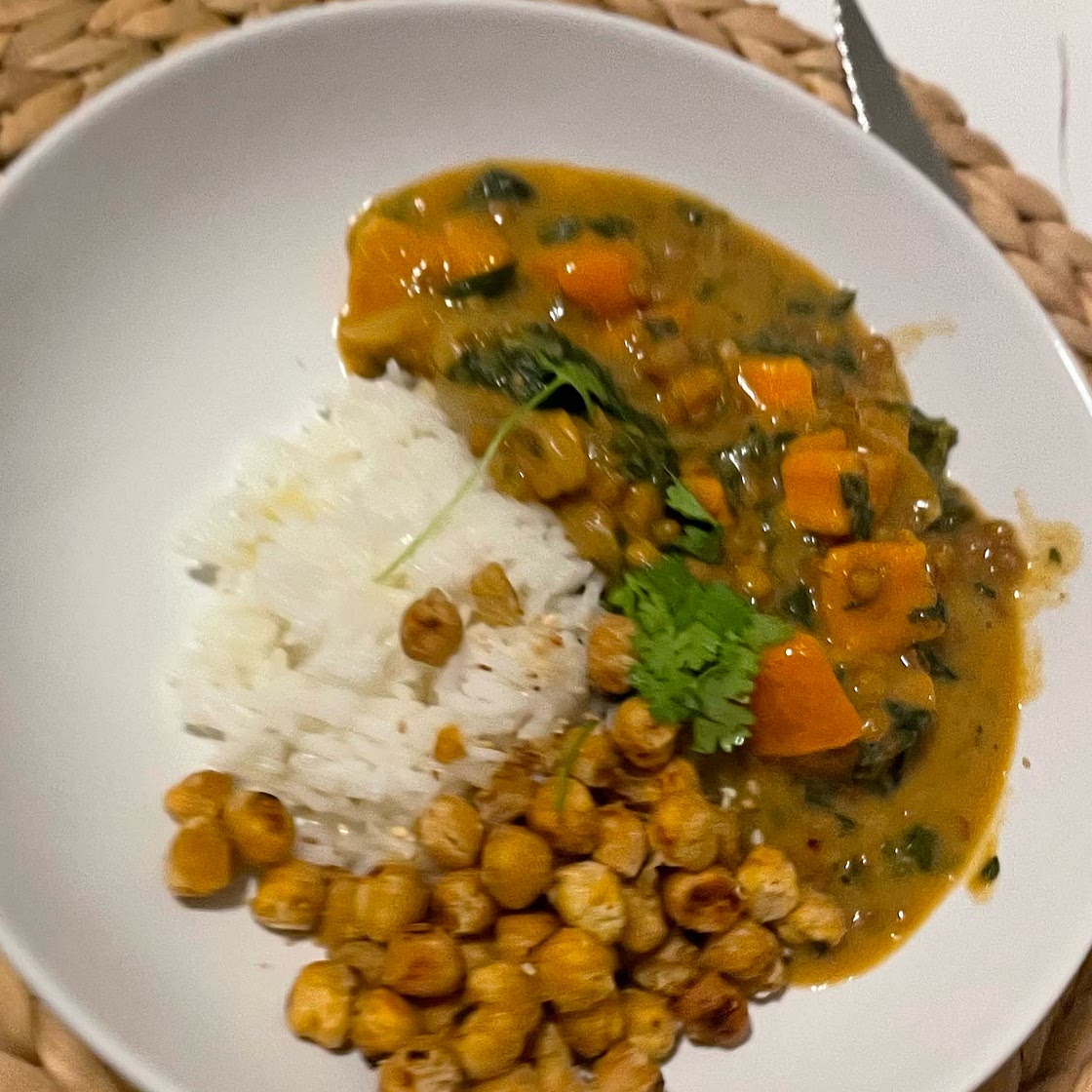 Sweet Potato Lentil Curry with Crispy Sesame Chickpeas