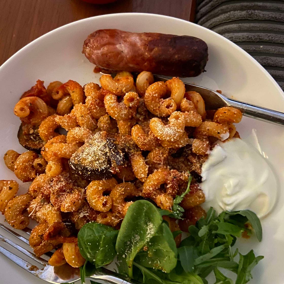 pasta alla norma (plus beans and lentils)