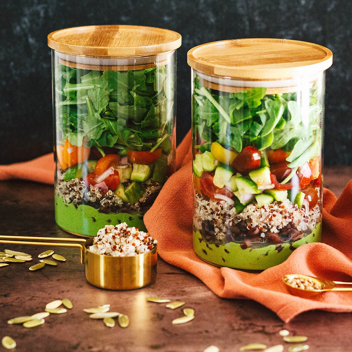 Meal Prep Quinoa, Black Bean, Arugula Bowl with an Herby Poblano Green Dressing