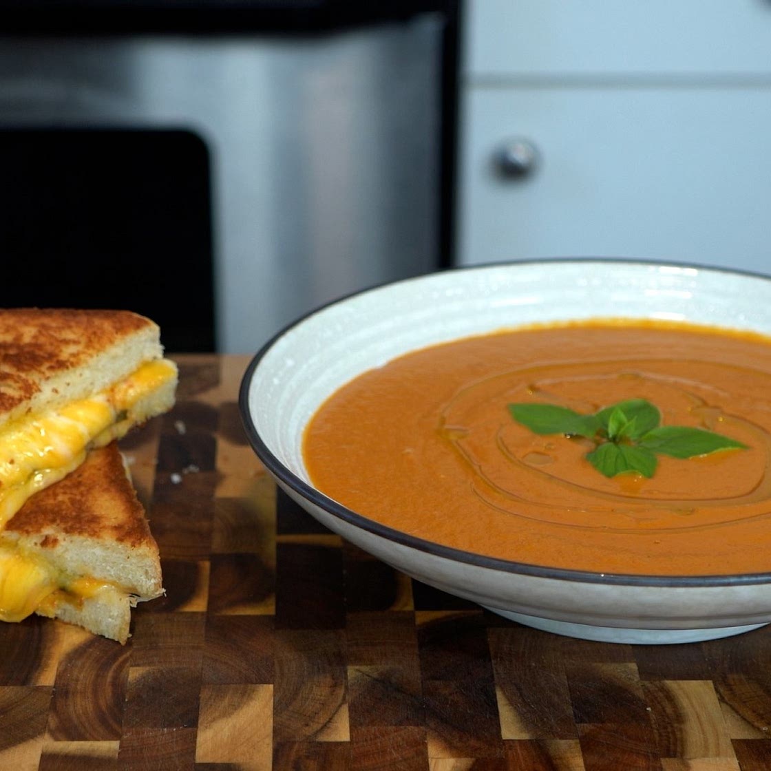 Gochujang Roasted Garlic Tomato Soup & Perilla Kimchi Grilled Cheese