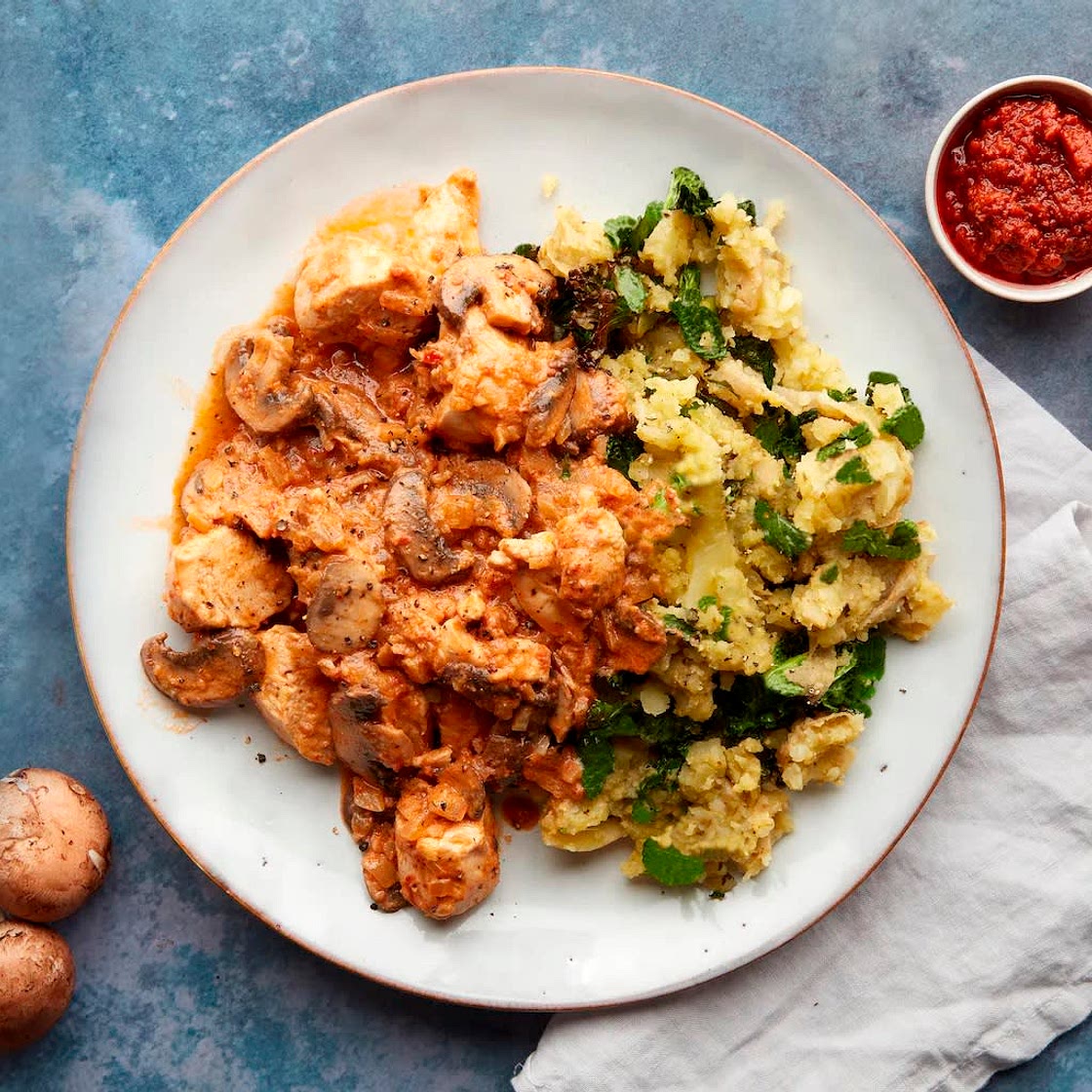 Chicken & mushroom stroganoff with pesto mash