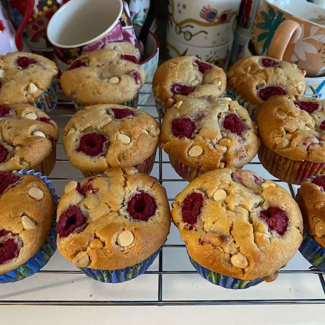 Raspberry & white chocolate muffins