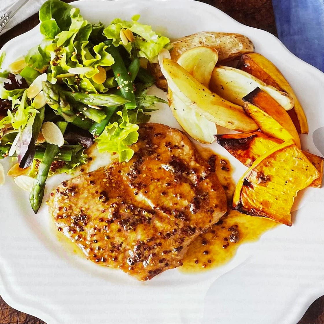 Honey mustard pork with asparagus and bean salad 