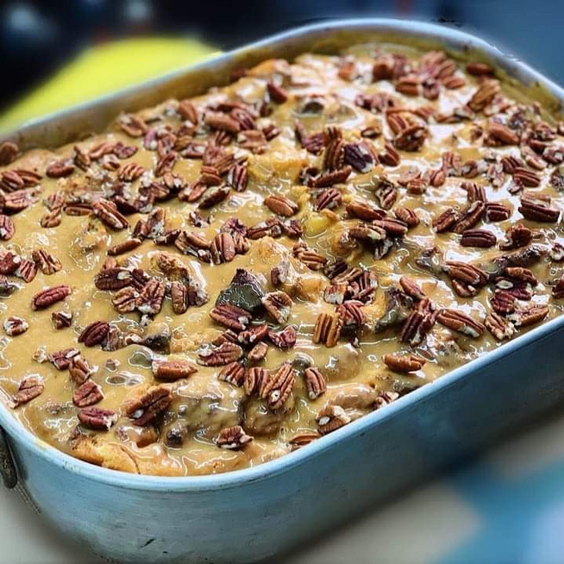 Pecan Pie Bread Pudding with Vanilla Bourbon Glaze