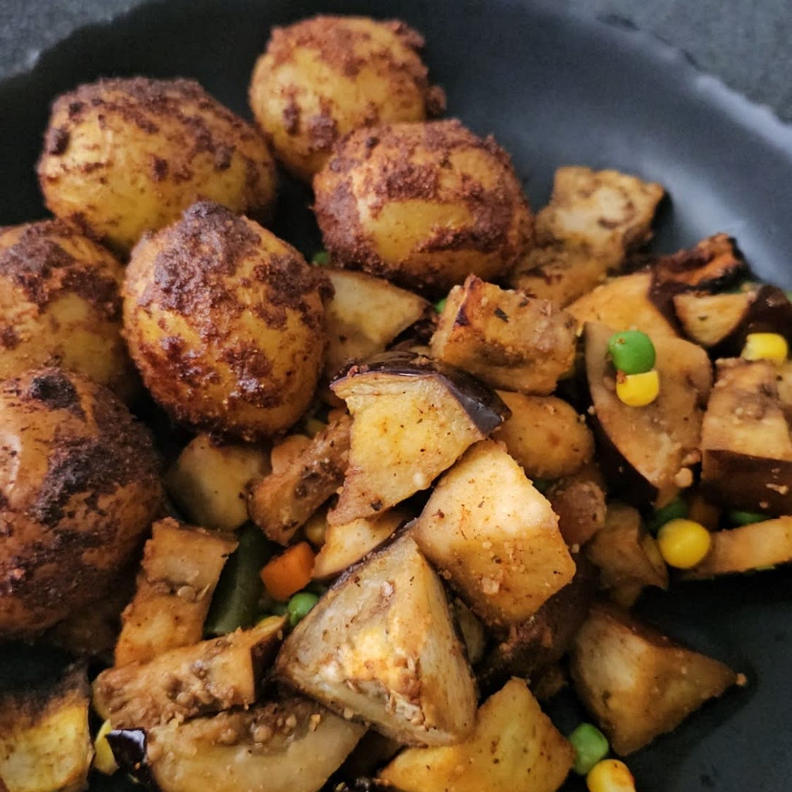 Eggplant and Mixed Vegetables and roasted potatoes