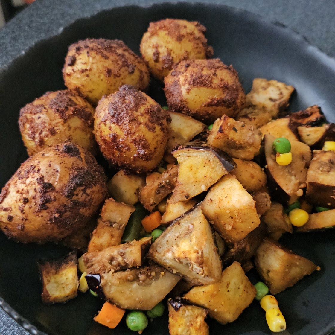 Eggplant and Mixed Vegetables and roasted potatoes