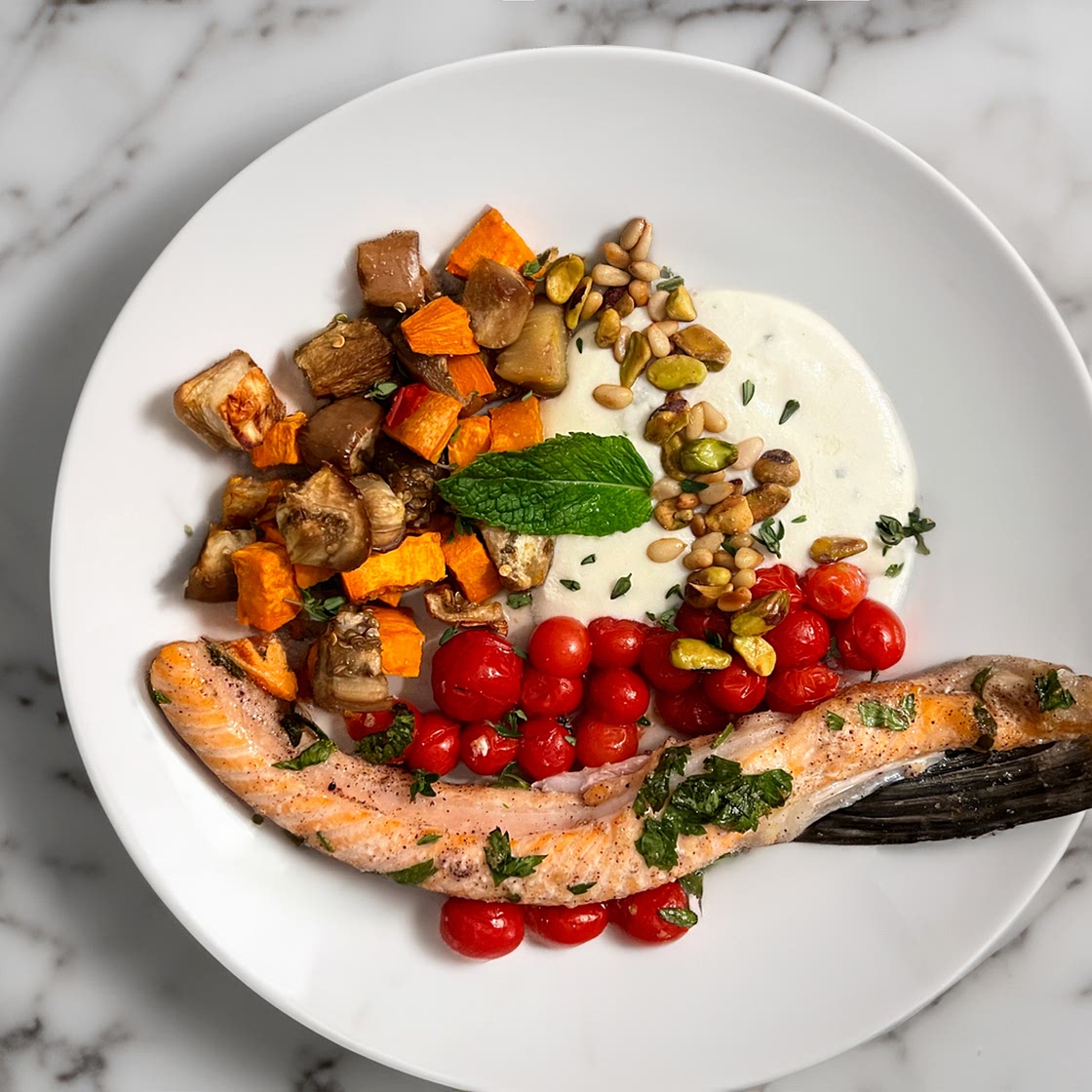 Mediterranean Salmon Belly Bowl with Toasted Nuts and Whipped Feta