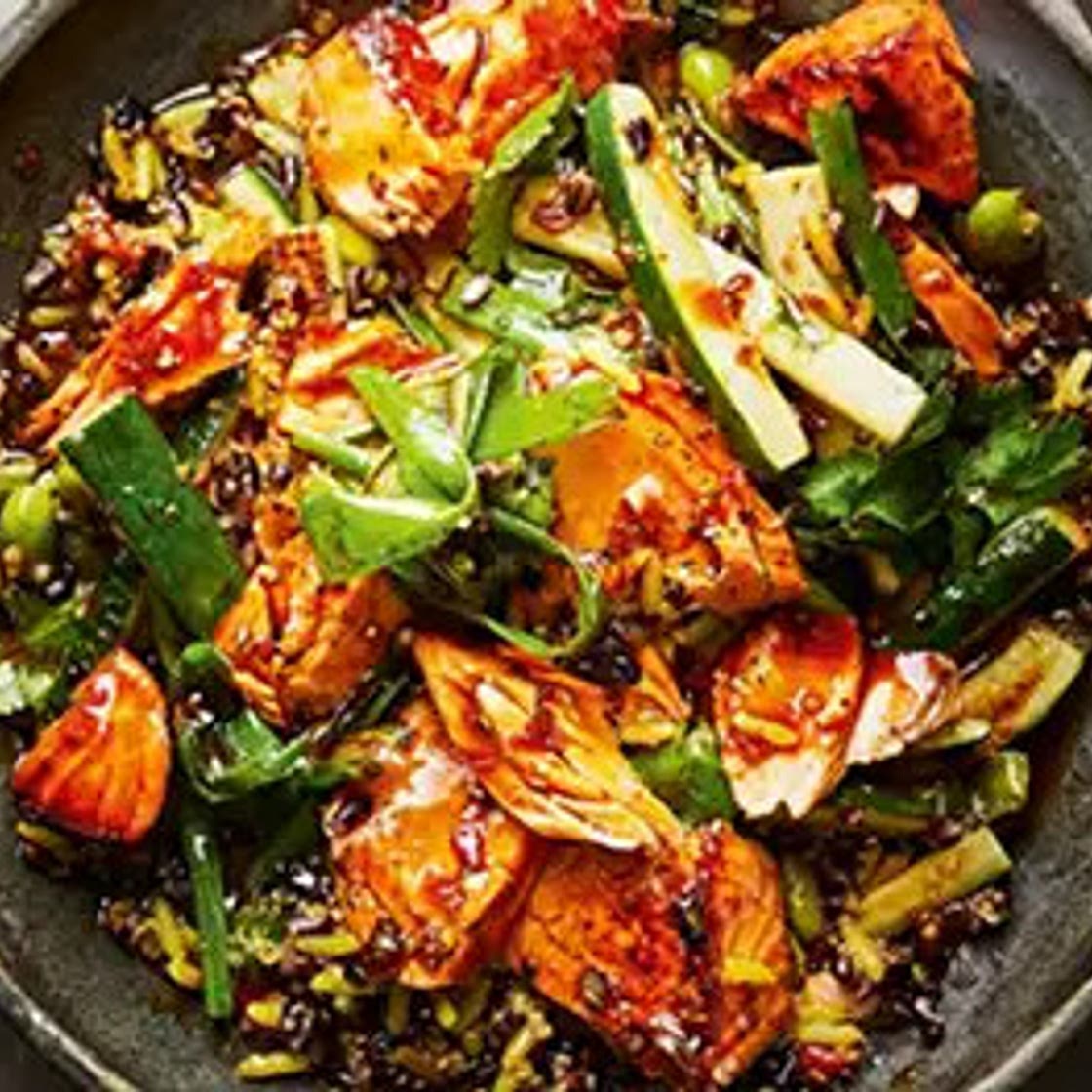 Salmon, rice, quinoa & vegetable stir fry